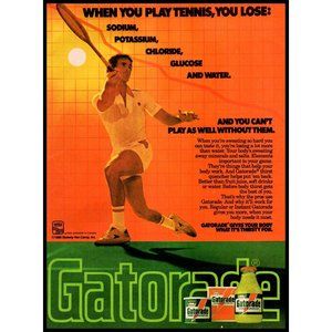 1982 Gatorade Thirst Quencher Vintage Print Ad Tennis Racket Shoes Wall Art